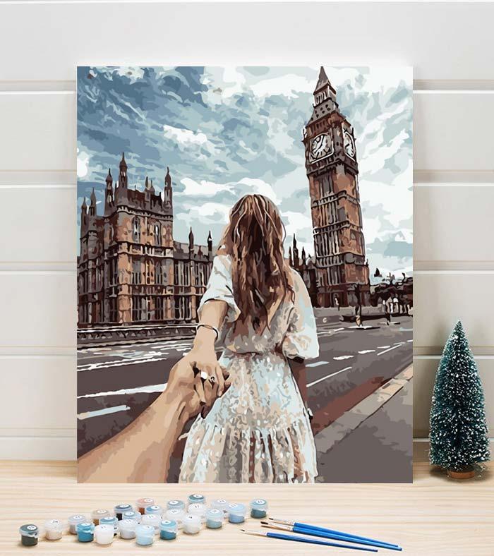 Pinturas con Números De la mano en Londres - Pintura por Numero (50x40) - Ciudades, Londres, mujeres, Paint By Numbers, Parejas, Pintura con Número, pintura por números 