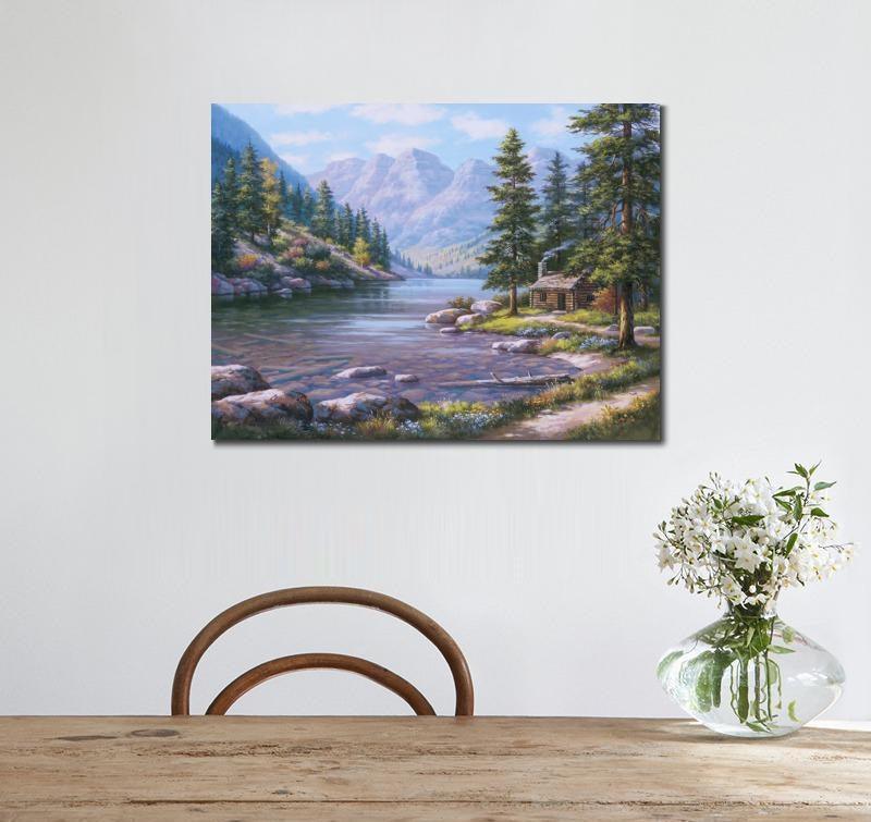Pinturas con Números Cabaña en el Río - Pintura Por Número (50x40) - cabaña, lago, otoño, paisajes, Pintura, Pintura con Número, rio, viento 