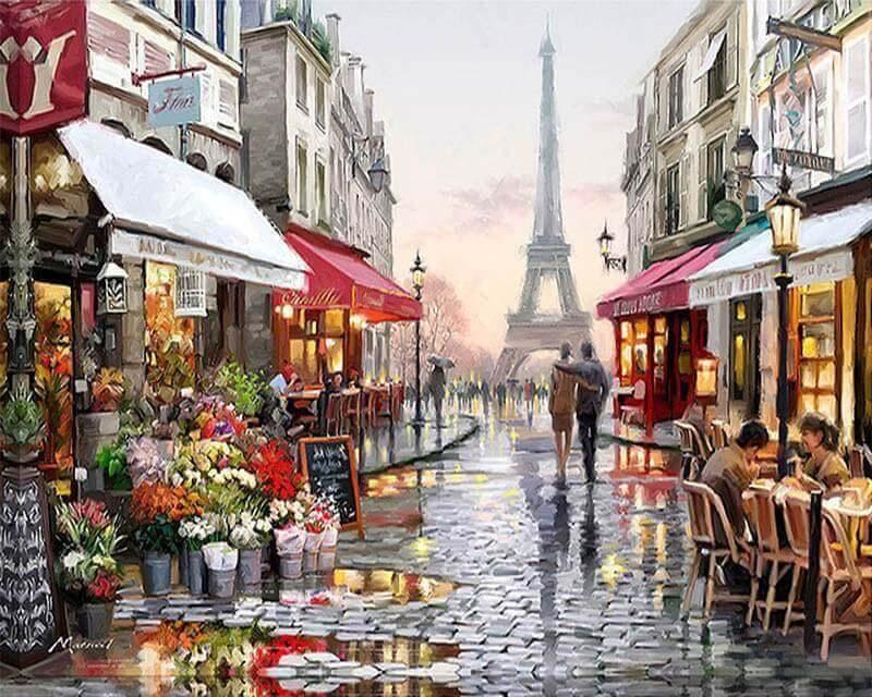 Pinturas con Números Calle en París - Pintura por Numero (50x40) - cafeteria, calle, Ciudades, floreria, Paint By Numbers, paris, Pintura con Número, pintura por números 