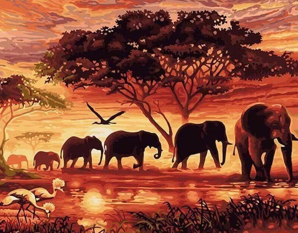 Pinturas con Números Elefantes en África - Pintura Por Número (40x50) - Animales, elefante, manada, number painting, Pintura, Pintura con Número, pintura por números, áfrica 
