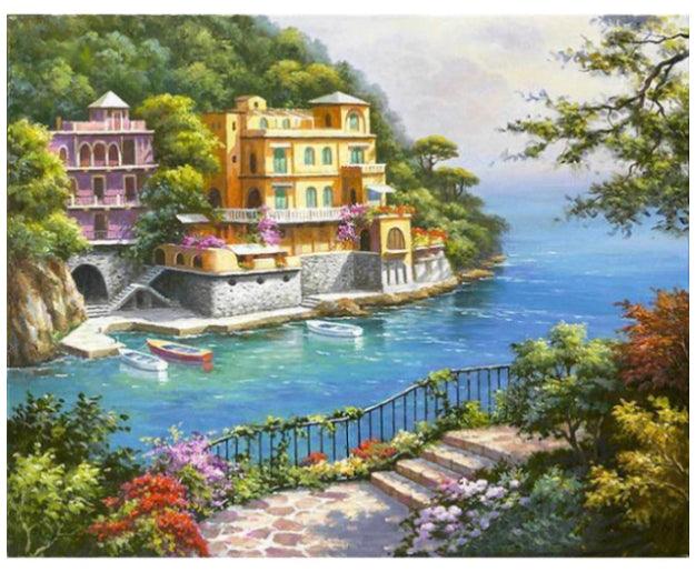 Pinturas con Números Terraza con Vista al Mar - Pintura Por Número (50x40) - balcon, mar, paisajes, Pintura con Número, terraza 