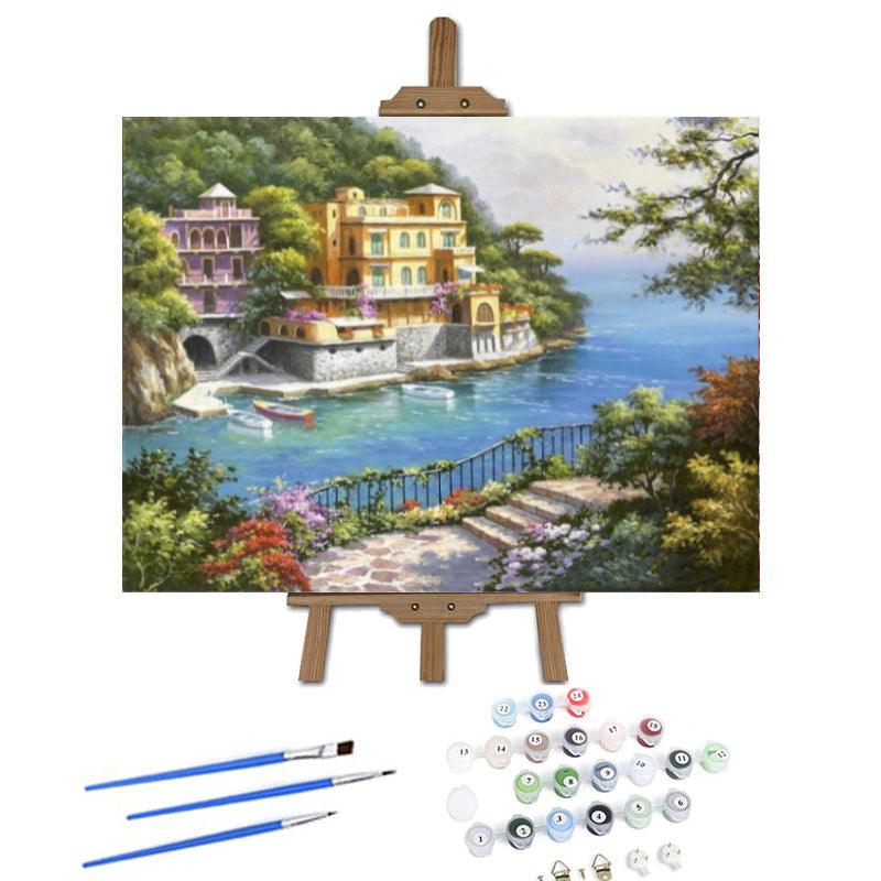 Pinturas con Números Terraza con Vista al Mar - Pintura Por Número (50x40) - balcon, mar, paisajes, Pintura con Número, terraza 