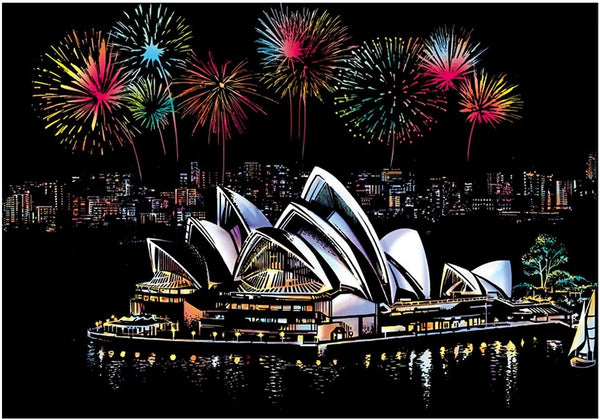 Manualidades Pintura Scratch Sydney - australia, ciudades, fuegos artificiales, rascar, raspar, scratch, scratch art, sydney 