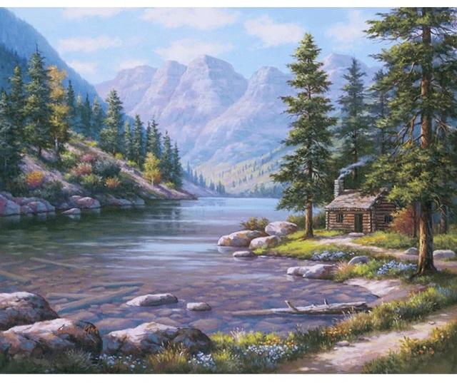 Pinturas con Números Cabaña en el Río - Pintura Por Número (50x40) - cabaña, lago, otoño, paisajes, Pintura, Pintura con Número, rio, viento 