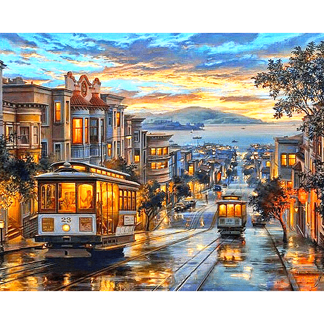 Pinturas con Números San Francisco - Pintura Por Número (40x50) - atardecer, Ciudades, number painting, otoño, Paint By Numbers, Pintura, Pintura con Número, san francisco, trolley 