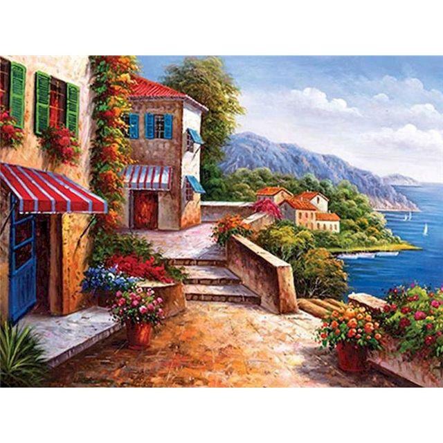 Pinturas con Números Tienda frente al mar - Pintura por Numero (50x40) - Ciudades, mar, Paint By Numbers, paisaje, pintura por numeros, playa 