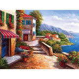 Pinturas con Números Tienda frente al mar - Pintura por Numero (50x40) - Ciudades, mar, Paint By Numbers, paisaje, pintura por numeros, playa 