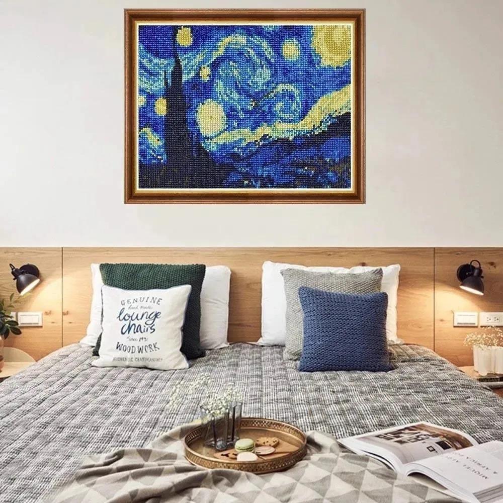 Pinturas con Diamantes Van Gogh La Noche Estrellada (40x30) - Pintura Diamante Cuadrado - bordado diamante, cuadros famosos, diamante  cuadrado, diamond painting, mosaico diamante, mostacilla cuadrada, Noche Estrellada, pintura diamante, starry night, van gogh, vincent van gogh, xl 