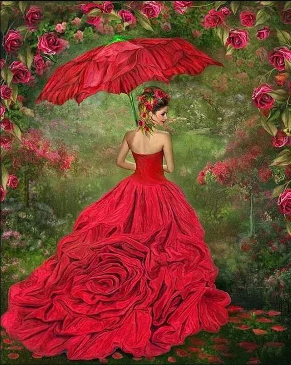 Pinturas con Diamantes Mujer de Rojo (30x40) - Pintura Diamante Cuadrado - diamond painting, FLORES, mostacilla cuadrada, mujeres, PARAGUA, pintura diamante 