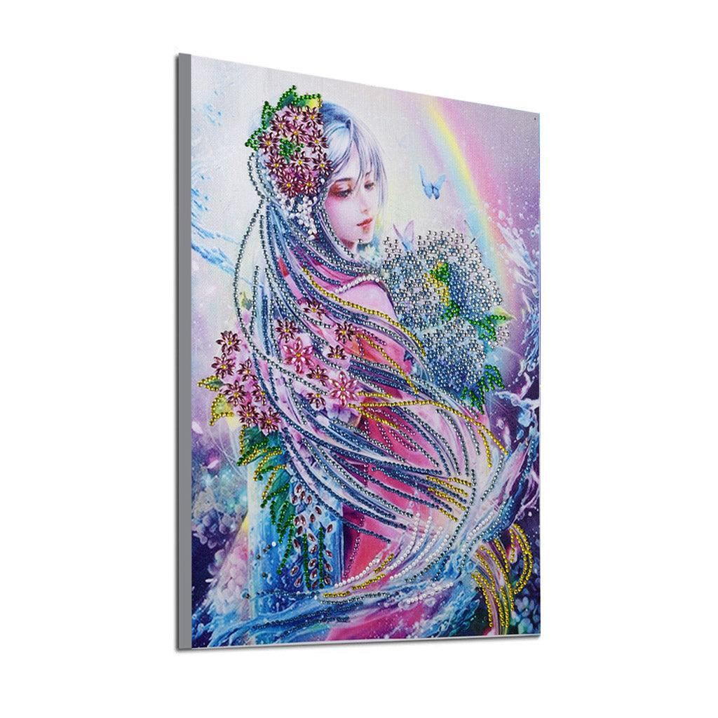 Pinturas con Diamantes Niña arcoiris (40x30) - Pintura Diamante Llenado Parcial - anime, bordado diamante, diamante  cuadrado, diamond painting, llenado parcial, mosaico diamante, niña, pintura diamante, princesa 