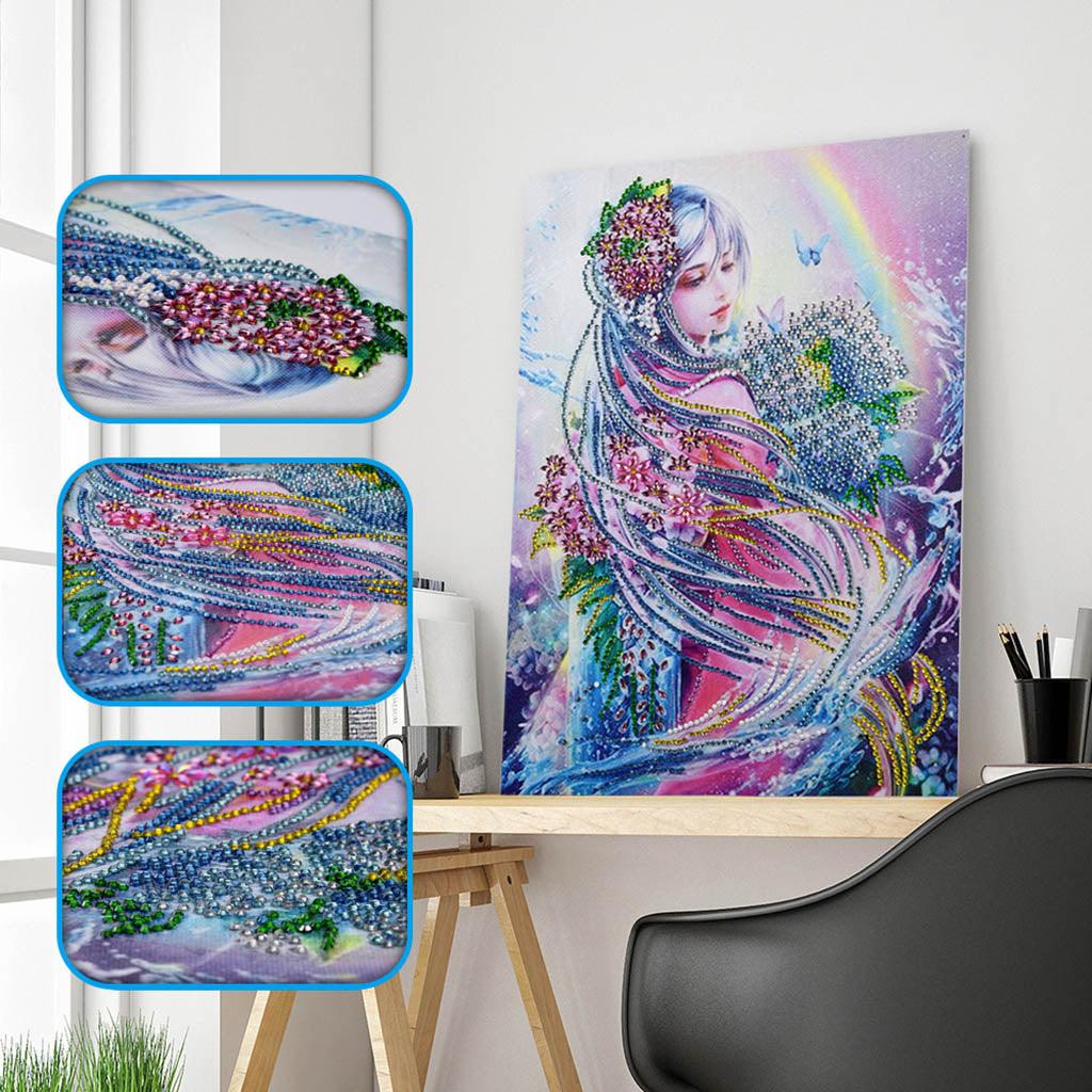 Pinturas con Diamantes Niña arcoiris (40x30) - Pintura Diamante Llenado Parcial - anime, bordado diamante, diamante  cuadrado, diamond painting, llenado parcial, mosaico diamante, niña, pintura diamante, princesa 