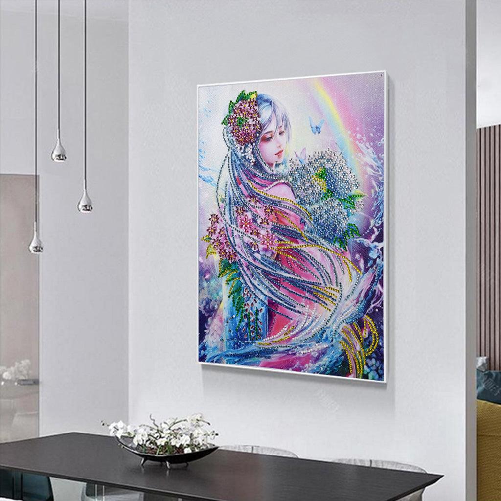 Pinturas con Diamantes Niña arcoiris (40x30) - Pintura Diamante Llenado Parcial - anime, bordado diamante, diamante  cuadrado, diamond painting, llenado parcial, mosaico diamante, niña, pintura diamante, princesa 