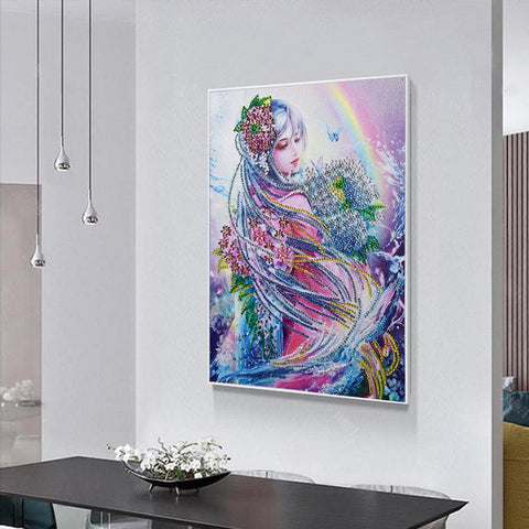 Pinturas con Diamantes Niña arcoiris (40x30) - Pintura Diamante Llenado Parcial - anime, bordado diamante, diamante  cuadrado, diamond painting, llenado parcial, mosaico diamante, niña, pintura diamante, princesa 