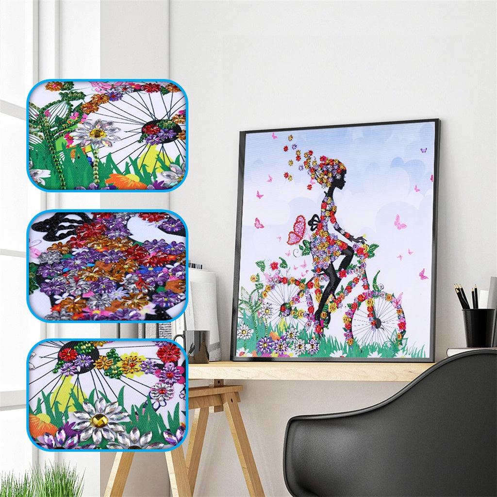 Pinturas con Diamantes Niña en bicicleta (40x40) - Pintura Diamante Llenado Parcial - bicicleta, bordado diamante, diamante  cuadrado, diamond painting, FLORES, llenado parcial, mosaico diamante, niña, pintura diamante 