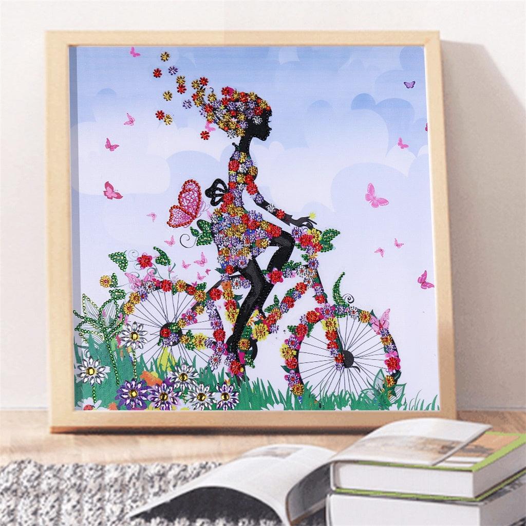 Pinturas con Diamantes Niña en bicicleta (40x40) - Pintura Diamante Llenado Parcial - bicicleta, bordado diamante, diamante  cuadrado, diamond painting, FLORES, llenado parcial, mosaico diamante, niña, pintura diamante 