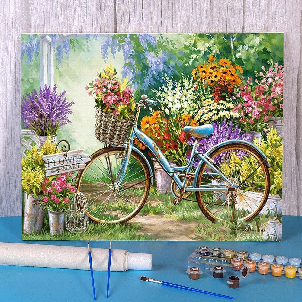 Pinturas con Números Bicicleta Floral - Pintura por Numero (50x40) - bicicleta, floral, jardin, Moderno, Paint By Numbers, Pintura con Número, pintura por números, primavera 