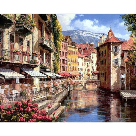 Pinturas con Números Canales de Holanda - Pintura Por Número (40x50) - canal, canales, ciudades, holanda, Pintura, Pintura con Número, rio 