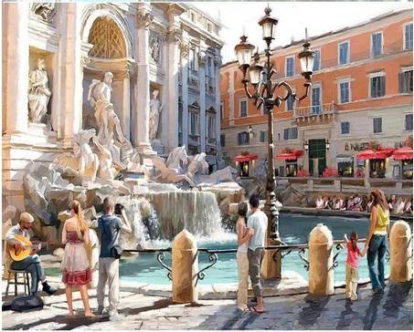 Pinturas con Números Fontana di Trevi - Pintura Por Número (50x40) - ciudades, fontana, fontana di trevi, fuente, pileta, Pintura, Pintura con Número, roma 