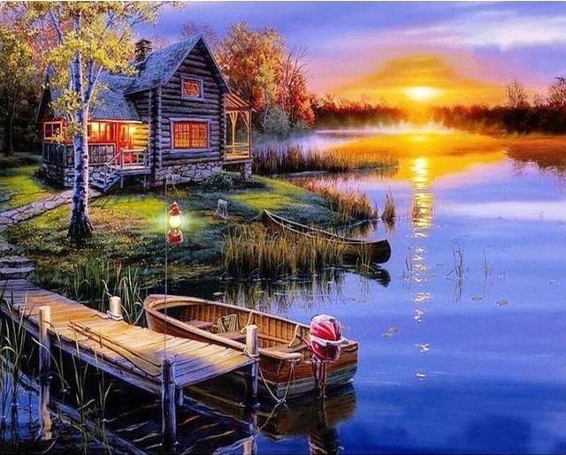Pinturas con Números Bote en el Río - Pintura Por Número (50x40) - atardecer, bote, cabaña, paisajes, Pintura, Pintura con Número, rio 