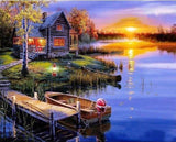 Pinturas con Números Bote en el Río - Pintura Por Número (50x40) - atardecer, bote, cabaña, paisajes, Pintura, Pintura con Número, rio 