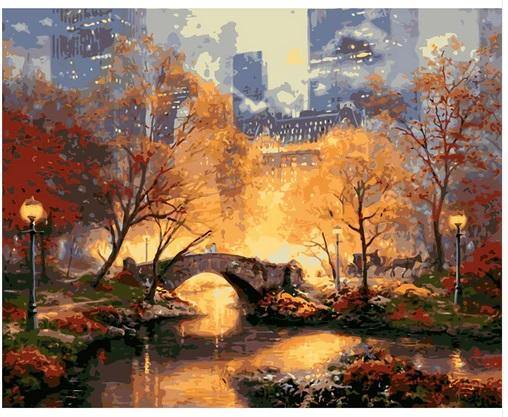 Pinturas con Números Otoño en Nueva York - Pintura Por Número (50x40) - arboles, atardecer, ciudades, nueva york, otoño, Pintura, Pintura con Número, rio 