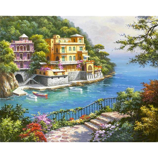 Pinturas con Números Terraza con Vista al Mar - Pintura Por Número (50x40) - balcon, mar, paisajes, Pintura con Número, terraza 