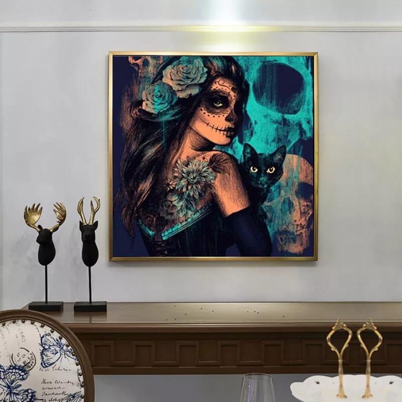 Pinturas con Números Calavera Gótica - Pintura por Numero (50x40) - calavera, gotica, halloween, mujeres, Paint By Numbers, pintura por números 