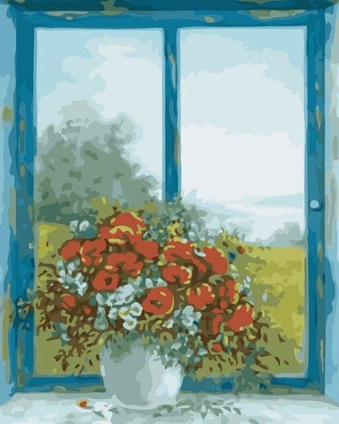 Pinturas con Números Ventana Floral - Pintura por Numero (50x40) - flores, Paint By Numbers, paisaje, pintura por numeros, ventana 