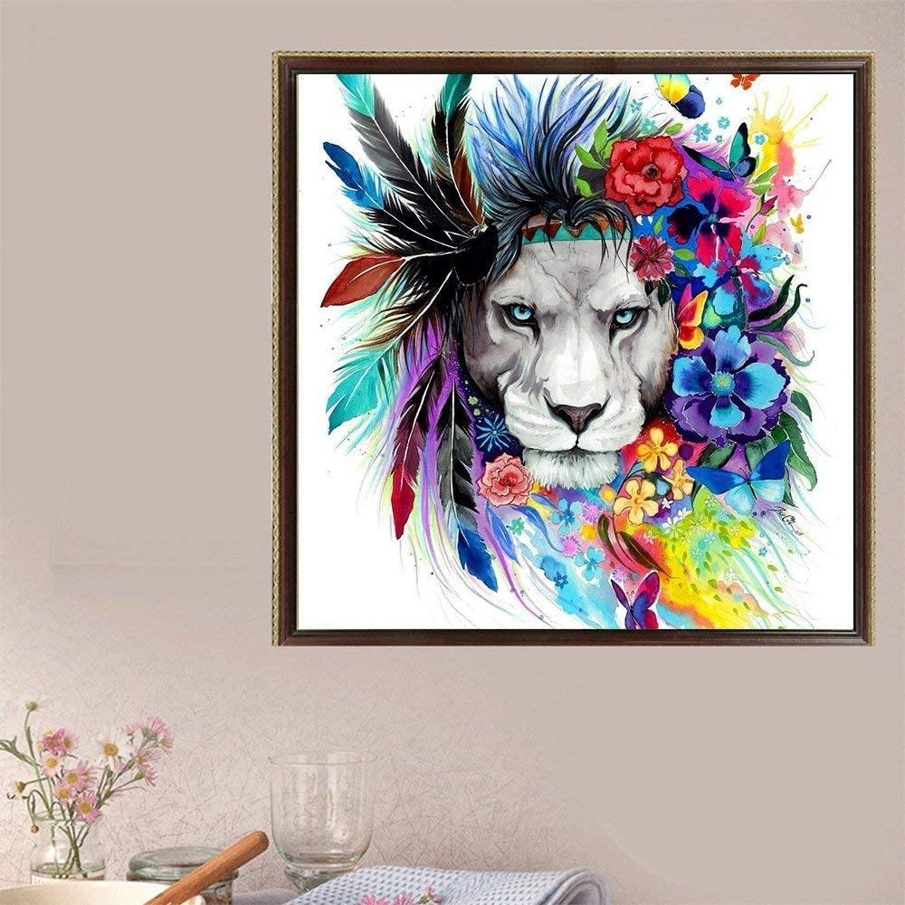 Pinturas con Diamantes León con Flores (30x40) - Pintura Diamante Redondo - ANIMALES, COLORES, corona, flores, Leon, mostacilla redonda, Niños, plumas 