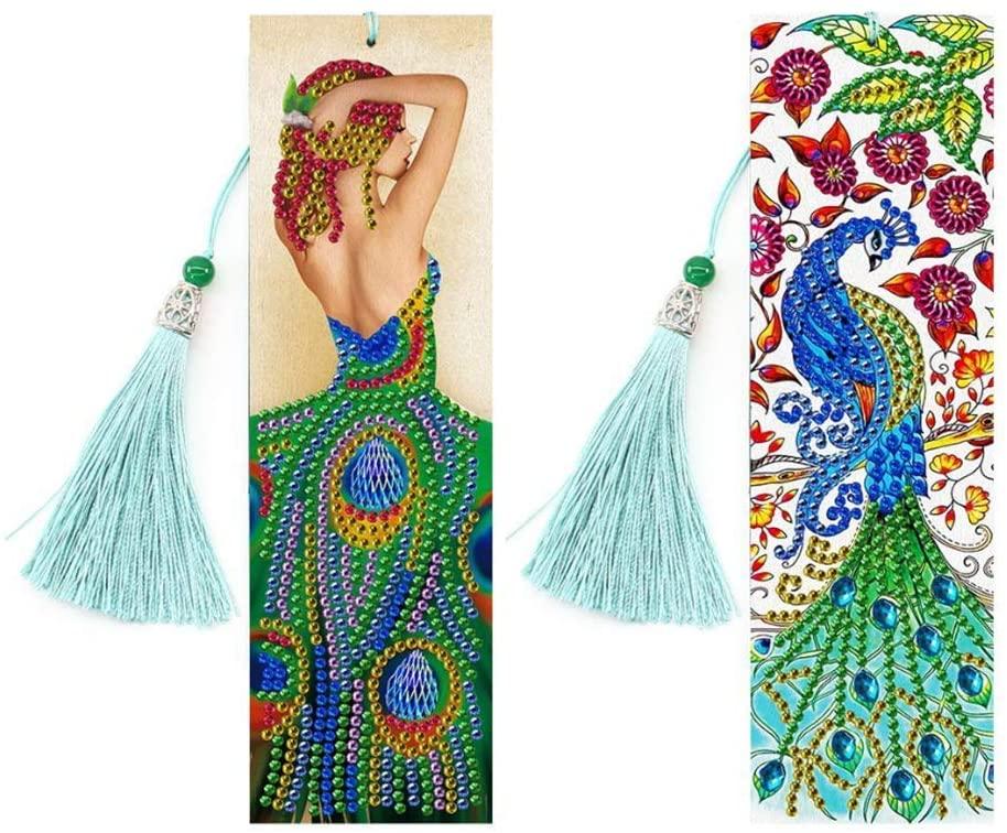 Pinturas con Diamantes Set de Marcadores de Páginas - animales, buho, cuero, diamantes, lectura, libro, marcador, pagina, pavo real 