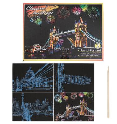 Manualidades Kit Scratch Postales Ciudades Clásicas - ciudad, edificios, entretencion, europa, Graffiti, mujer, niños, papel arcoiris, papel artístico para raspar, peinado, Pintura de arañazos, rasca, raspa, scratch, tarjetas de papel artístico, tarjetas para rascar, tarjetas para raspar 