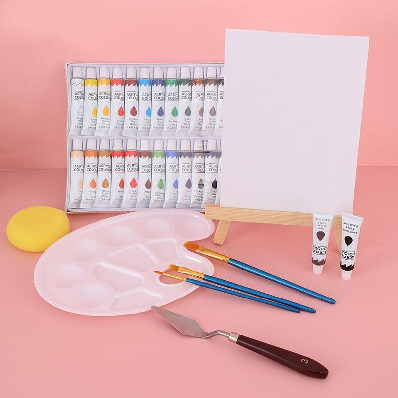 Manualidades Set de Pintura Acrílica 33 piezas (Incluye 24 colores) - Kit de Arte - acrilico, bastidor, caballete, crear, kit, Kit de Arte, lienzo, manualidades, Moderno, Pintura Acrílica, set de Pintura 