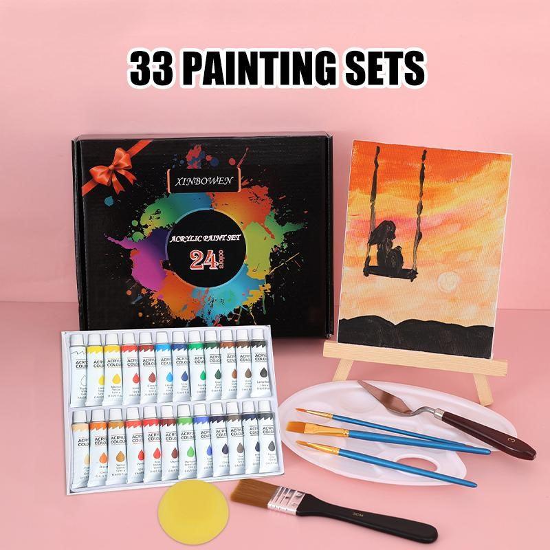 Manualidades Set de Pintura Acrílica 33 piezas (Incluye 24 colores) - Kit de Arte - acrilico, bastidor, caballete, crear, kit, Kit de Arte, lienzo, manualidades, Moderno, Pintura Acrílica, set de Pintura 