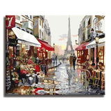 Pinturas con Números Calle en París - Pintura por Numero (50x40) - cafeteria, calle, Ciudades, floreria, Paint By Numbers, paris, Pintura con Número, pintura por números 