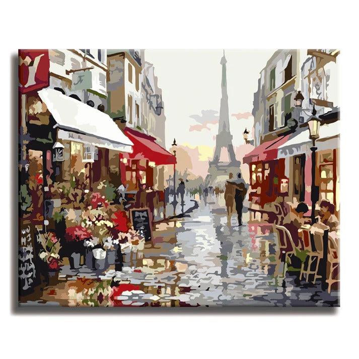 Pinturas con Números Calle en París - Pintura por Numero (50x40) - cafeteria, calle, Ciudades, floreria, Paint By Numbers, paris, Pintura con Número, pintura por números 